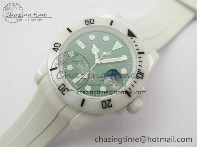 Bright Submariner 40mm White Ceramic 5GF Best Edition Green Dial on White Rubber Strap SA 2479