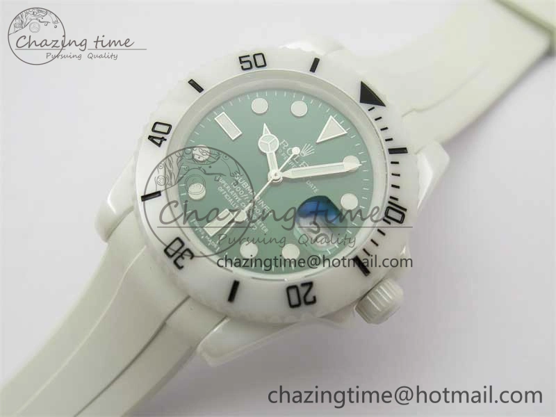 Bright Submariner 40mm White Ceramic 5GF Best Edition Green Dial on White Rubber Strap SA 2479