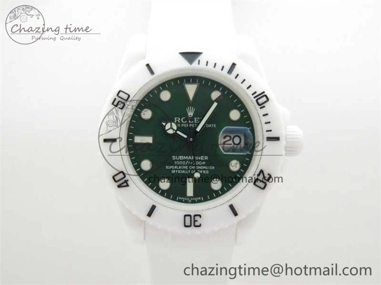 Bright Submariner 40mm White Ceramic 5GF Best Edition Green Dial on White Rubber Strap SA 2479
