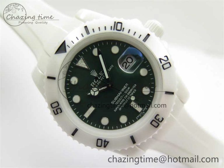 Bright Submariner 40mm White Ceramic 5GF Best Edition Green Dial on White Rubber Strap SA 2479