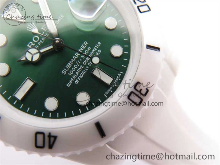 Bright Submariner 40mm White Ceramic 5GF Best Edition Green Dial on White Rubber Strap SA 2479