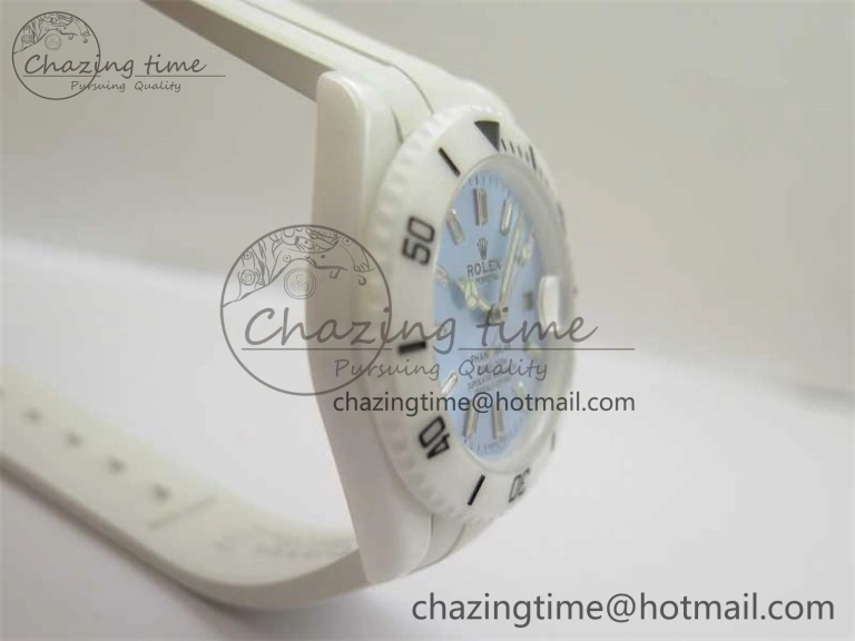 WrinkleFree Submariner 40mm White Ceramic 5GF Best Edition Ice Blue Dial on White Rubber Strap SA 2482