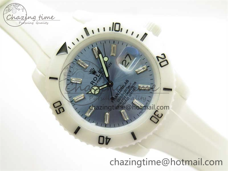 WrinkleFree Submariner 40mm White Ceramic 5GF Best Edition Ice Blue Dial on White Rubber Strap SA 2482