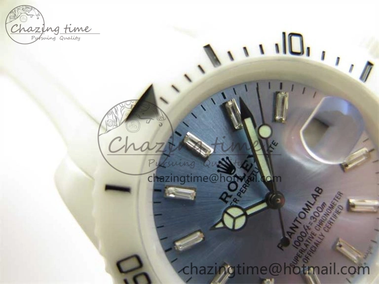 WrinkleFree Submariner 40mm White Ceramic 5GF Best Edition Ice Blue Dial on White Rubber Strap SA 2482