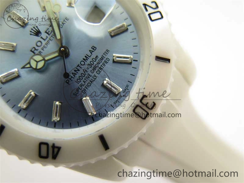 WrinkleFree Submariner 40mm White Ceramic 5GF Best Edition Ice Blue Dial on White Rubber Strap SA 2482