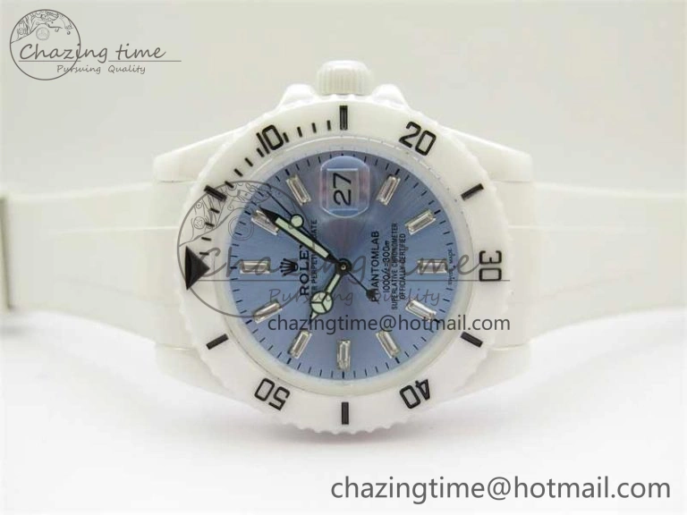 WrinkleFree Submariner 40mm White Ceramic 5GF Best Edition Ice Blue Dial on White Rubber Strap SA 2482