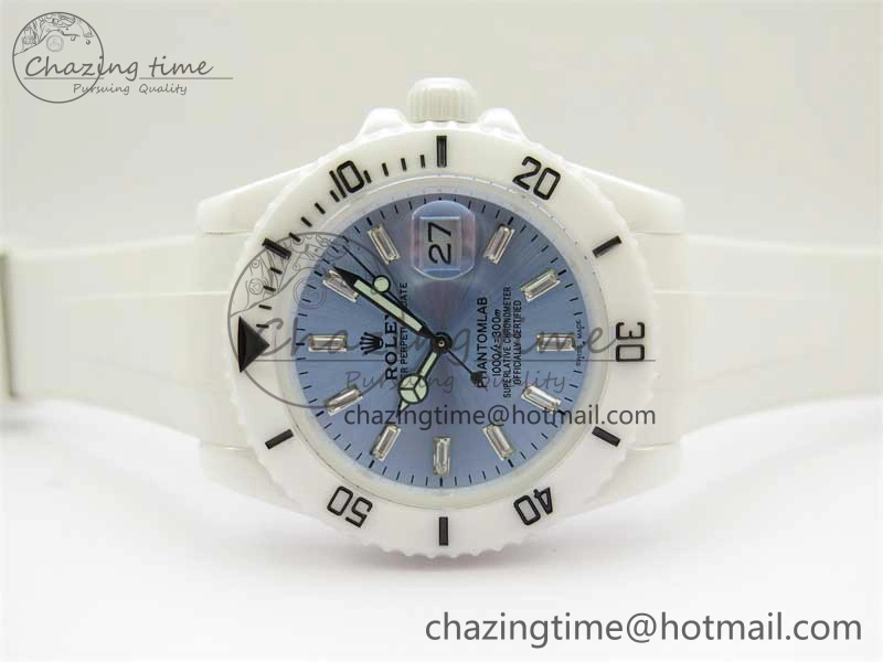 WrinkleFree Submariner 40mm White Ceramic 5GF Best Edition Ice Blue Dial on White Rubber Strap SA 2482