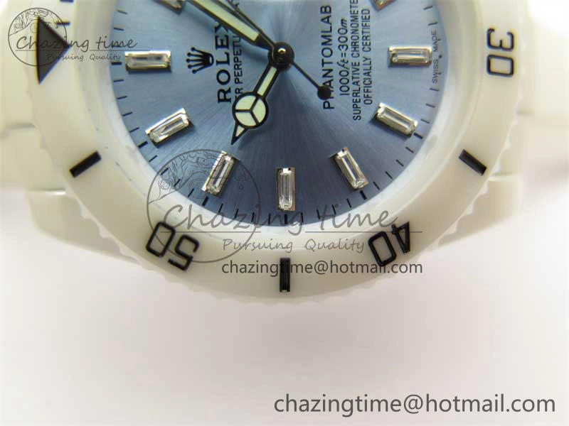 WrinkleFree Submariner 40mm White Ceramic 5GF Best Edition Ice Blue Dial on White Rubber Strap SA 2482