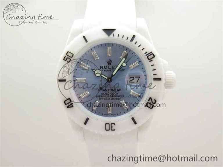 WrinkleFree Submariner 40mm White Ceramic 5GF Best Edition Ice Blue Dial on White Rubber Strap SA 2482