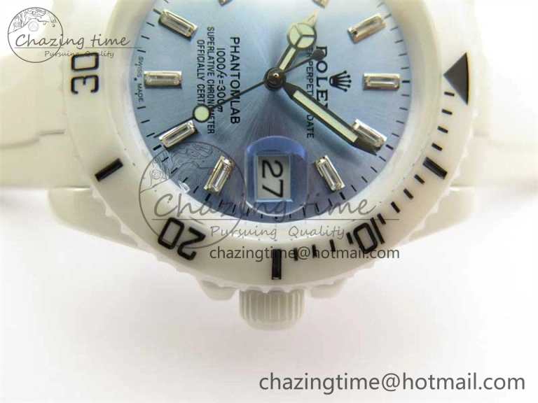 WrinkleFree Submariner 40mm White Ceramic 5GF Best Edition Ice Blue Dial on White Rubber Strap SA 2482