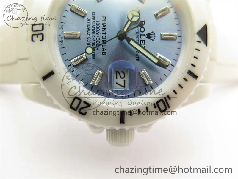WrinkleFree Submariner 40mm White Ceramic 5GF Best Edition Ice Blue Dial on White Rubber Strap SA 2482