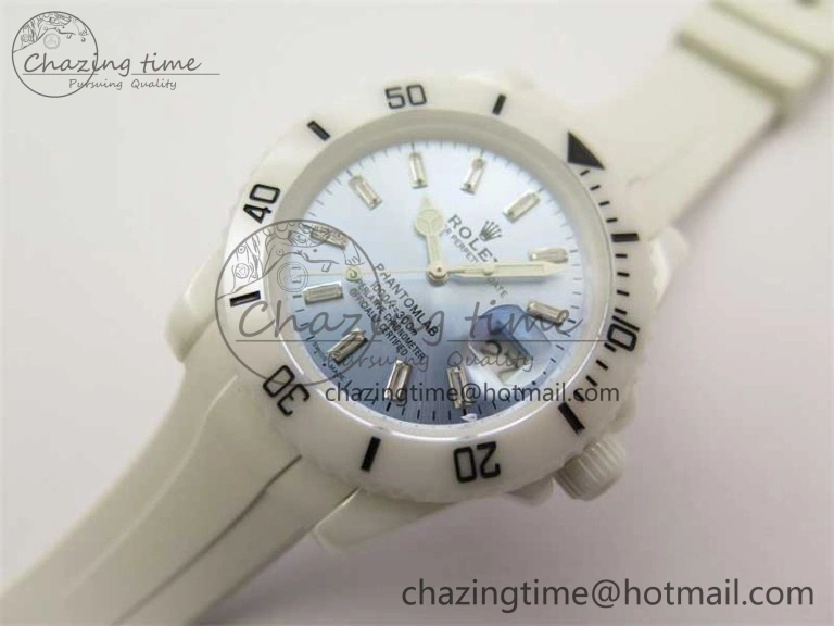 WrinkleFree Submariner 40mm White Ceramic 5GF Best Edition Ice Blue Dial on White Rubber Strap SA 2482