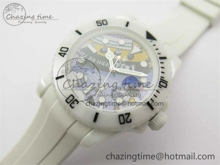 ZipUp Submariner 40mm White Ceramic 5GF Best Edition Painting Dial on White Rubber Strap SA 2484