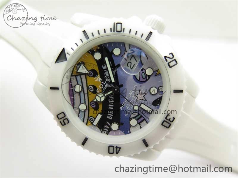 ZipUp Submariner 40mm White Ceramic 5GF Best Edition Painting Dial on White Rubber Strap SA 2484