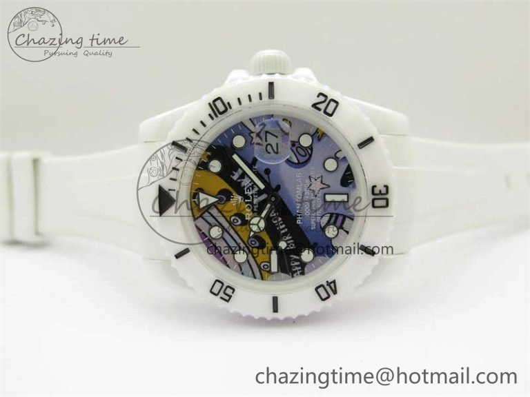 ZipUp Submariner 40mm White Ceramic 5GF Best Edition Painting Dial on White Rubber Strap SA 2484
