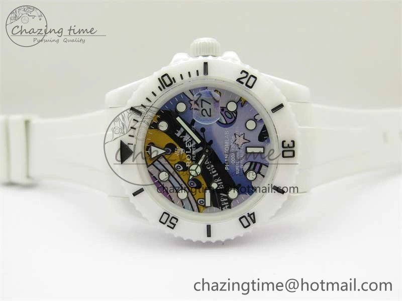 ZipUp Submariner 40mm White Ceramic 5GF Best Edition Painting Dial on White Rubber Strap SA 2484