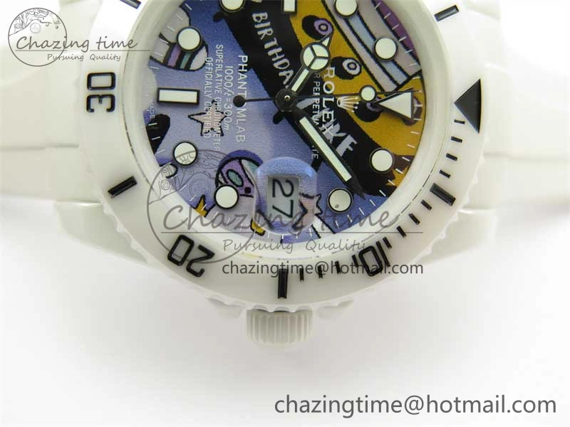ZipUp Submariner 40mm White Ceramic 5GF Best Edition Painting Dial on White Rubber Strap SA 2484