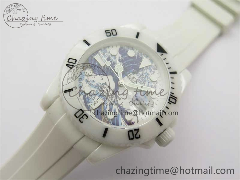 Durable Submariner 40mm White Ceramic 5GF Best Edition Sea Painting Dial on White Rubber Strap SA 2475