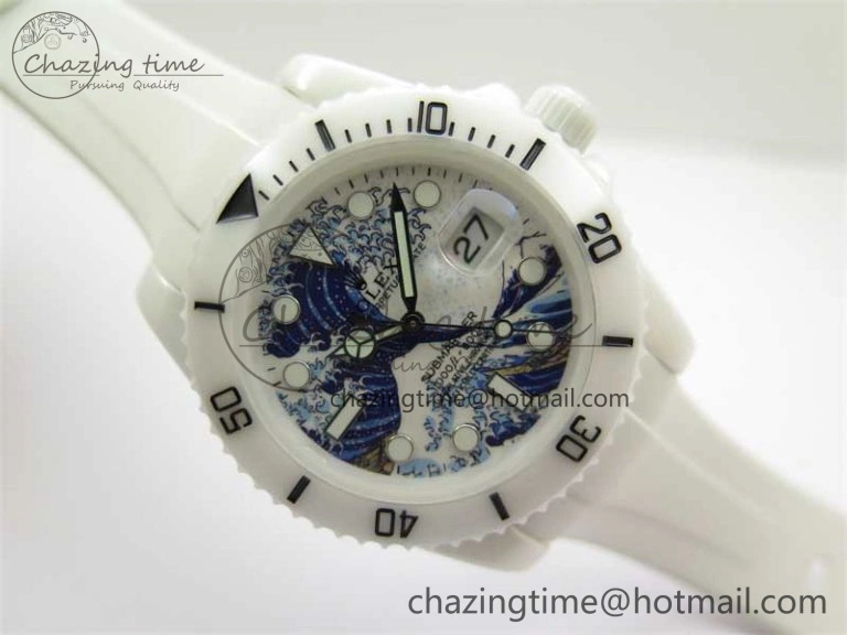 Durable Submariner 40mm White Ceramic 5GF Best Edition Sea Painting Dial on White Rubber Strap SA 2475