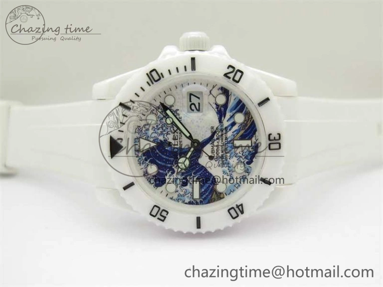 Durable Submariner 40mm White Ceramic 5GF Best Edition Sea Painting Dial on White Rubber Strap SA 2475