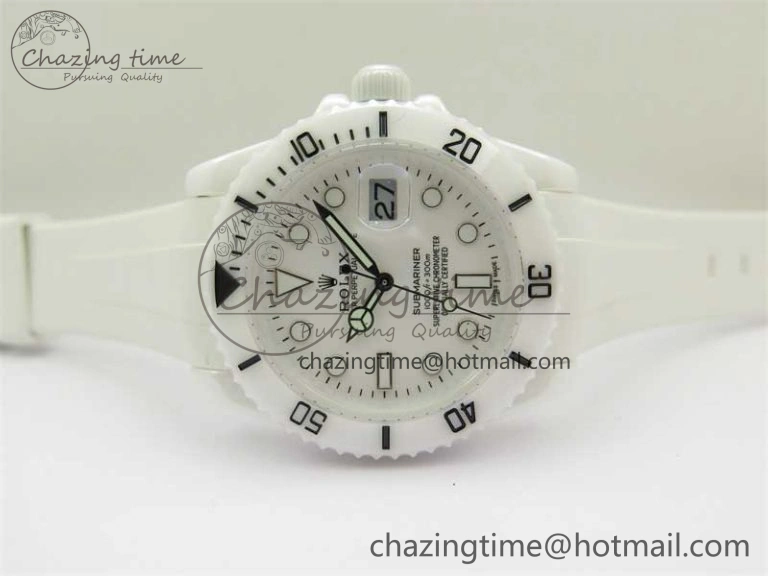 Sleek Submariner 40mm White Ceramic 5GF Best Edition White Dial on White Rubber Strap SA 2481