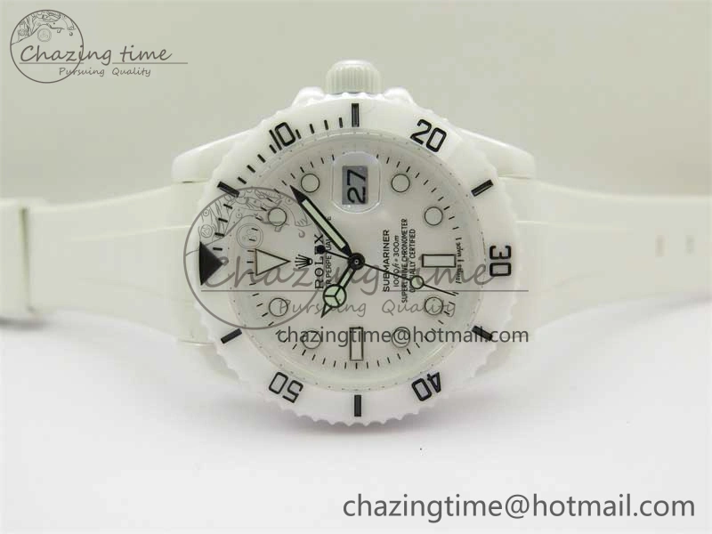 Sleek Submariner 40mm White Ceramic 5GF Best Edition White Dial on White Rubber Strap SA 2481
