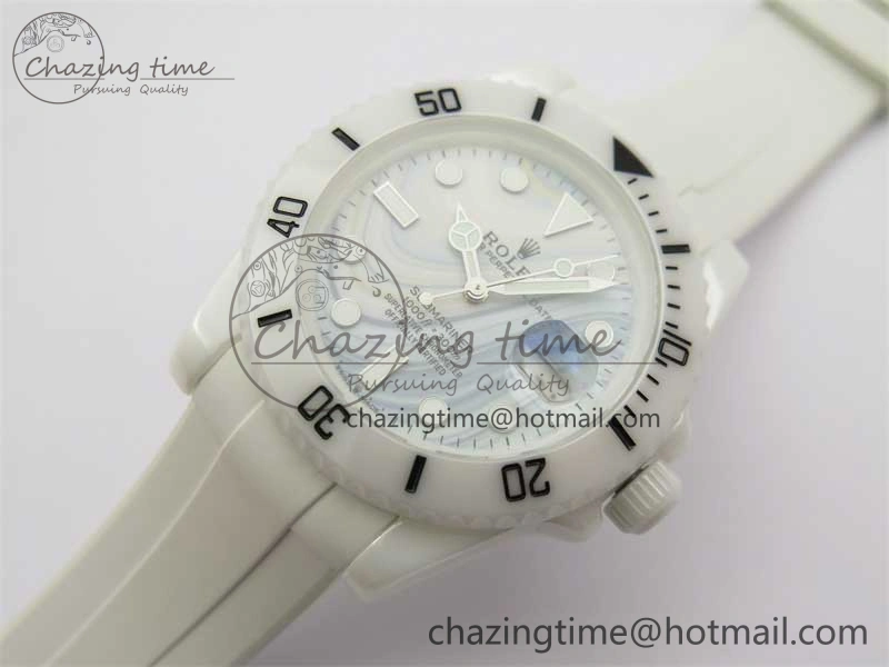 FreshLook Submariner 40mm White Ceramic 5GF Best Edition White Blue Dial on White Rubber Strap SA 2477