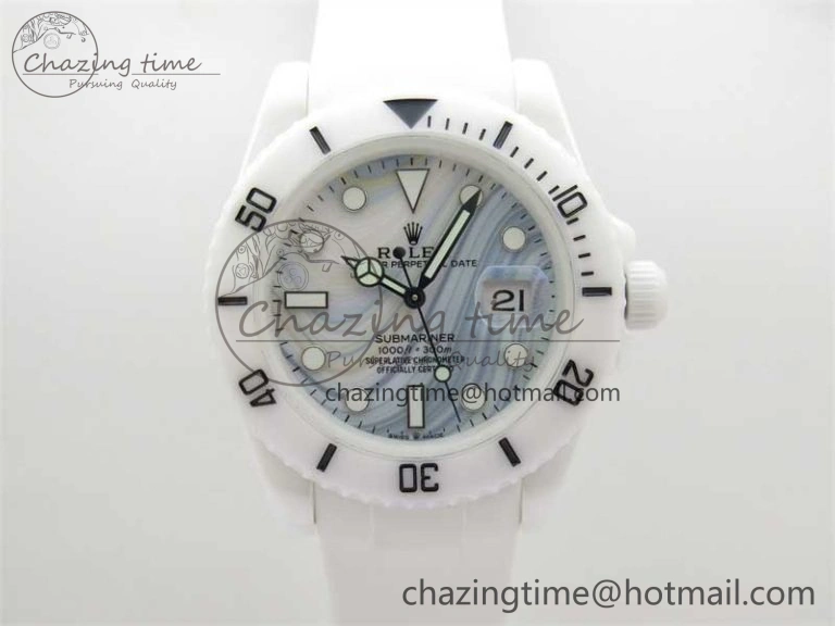FreshLook Submariner 40mm White Ceramic 5GF Best Edition White Blue Dial on White Rubber Strap SA 2477