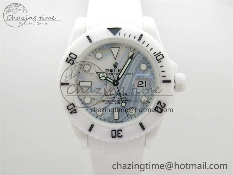 FreshLook Submariner 40mm White Ceramic 5GF Best Edition White Blue Dial on White Rubber Strap SA 2477