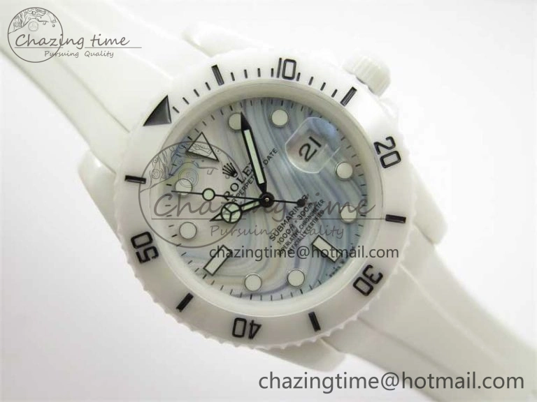 FreshLook Submariner 40mm White Ceramic 5GF Best Edition White Blue Dial on White Rubber Strap SA 2477