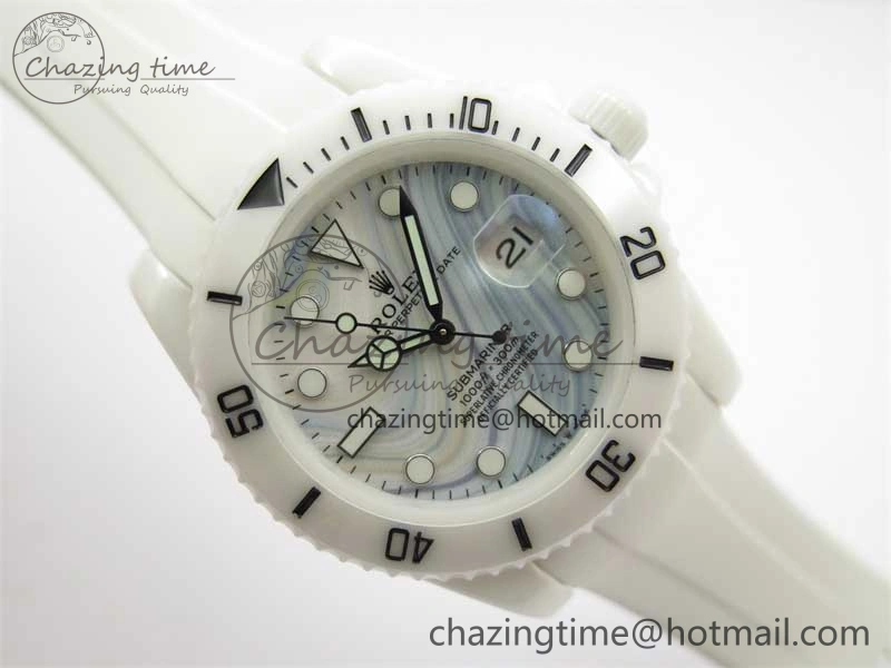 FreshLook Submariner 40mm White Ceramic 5GF Best Edition White Blue Dial on White Rubber Strap SA 2477