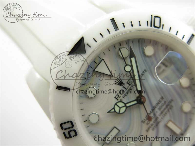 FreshLook Submariner 40mm White Ceramic 5GF Best Edition White Blue Dial on White Rubber Strap SA 2477