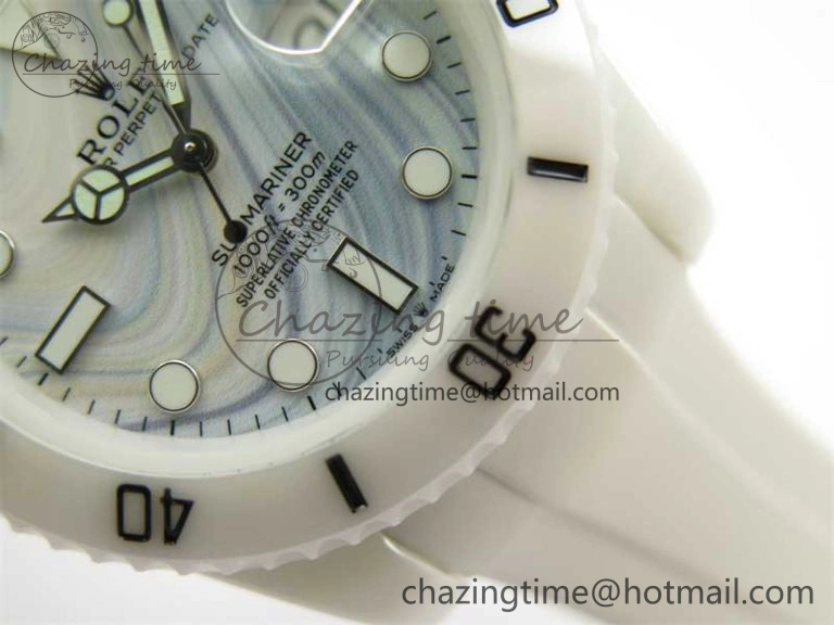 FreshLook Submariner 40mm White Ceramic 5GF Best Edition White Blue Dial on White Rubber Strap SA 2477