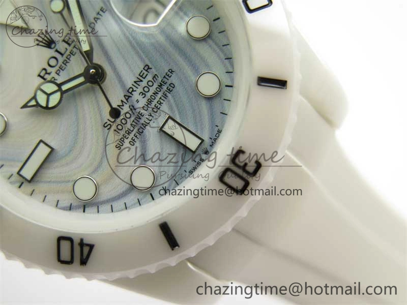 FreshLook Submariner 40mm White Ceramic 5GF Best Edition White Blue Dial on White Rubber Strap SA 2477
