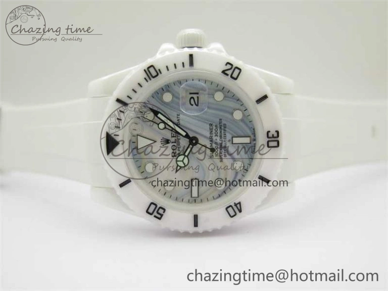 FreshLook Submariner 40mm White Ceramic 5GF Best Edition White Blue Dial on White Rubber Strap SA 2477