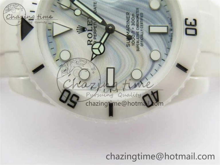 FreshLook Submariner 40mm White Ceramic 5GF Best Edition White Blue Dial on White Rubber Strap SA 2477