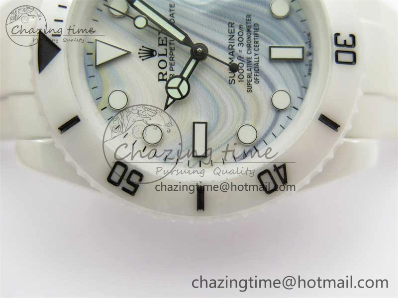 FreshLook Submariner 40mm White Ceramic 5GF Best Edition White Blue Dial on White Rubber Strap SA 2477