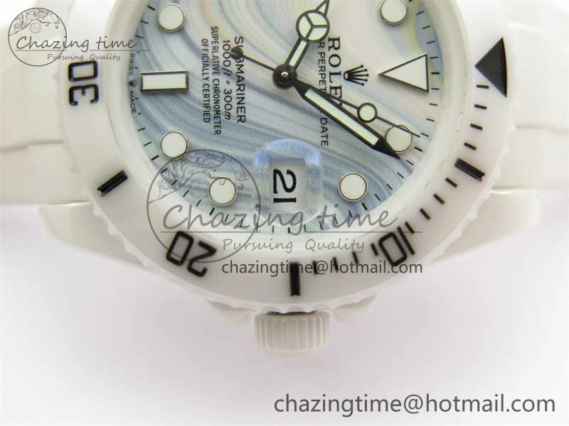 FreshLook Submariner 40mm White Ceramic 5GF Best Edition White Blue Dial on White Rubber Strap SA 2477