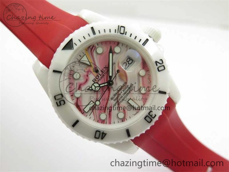Submariner 40mm White Ceramic 5GF Best Edition White Red Dial on Red Rubber Strap SA Effortless 2485