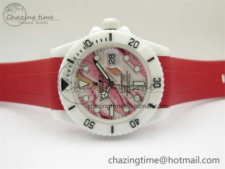 Submariner 40mm White Ceramic 5GF Best Edition White Red Dial on Red Rubber Strap SA Effortless 2485