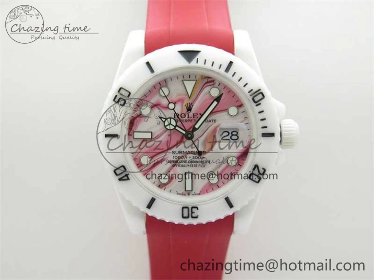 Submariner 40mm White Ceramic 5GF Best Edition White Red Dial on Red Rubber Strap SA Effortless 2485