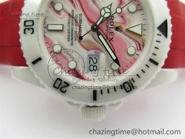 Submariner 40mm White Ceramic 5GF Best Edition White Red Dial on Red Rubber Strap SA Effortless 2485