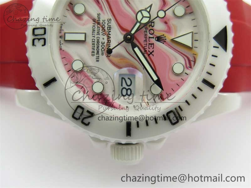 Submariner 40mm White Ceramic 5GF Best Edition White Red Dial on Red Rubber Strap SA Effortless 2485