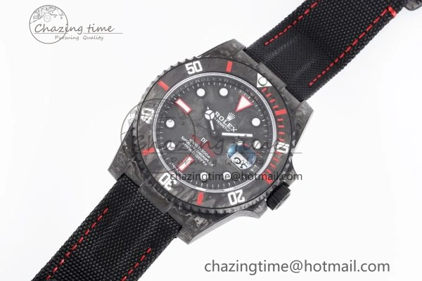 FashionForward Submariner DIW Carbon VSF 1:1 Best Edition Black Red Dial on Black Nylon Strap VS 2095
