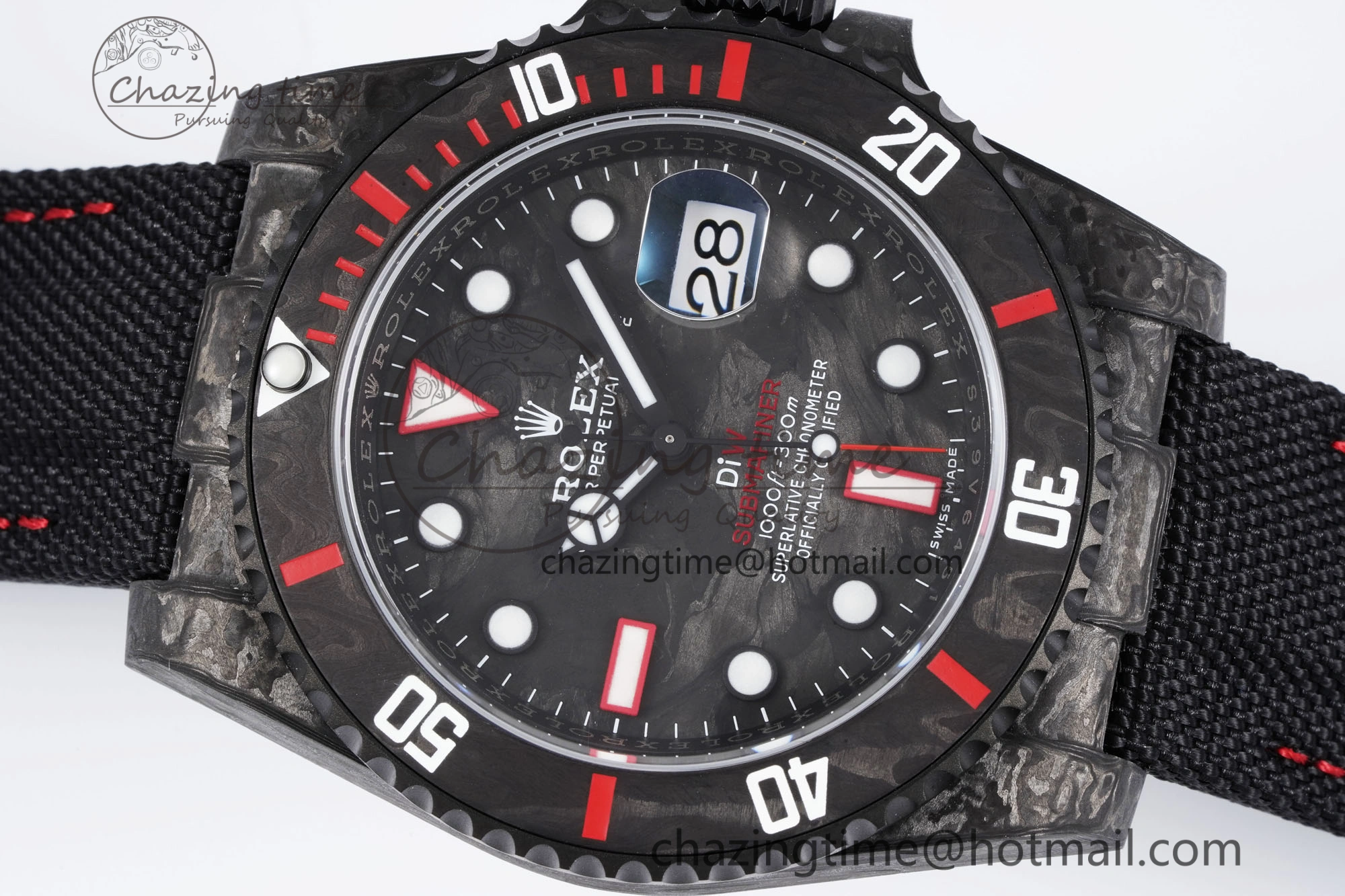 FashionForward Submariner DIW Carbon VSF 1:1 Best Edition Black Red Dial on Black Nylon Strap VS 2095