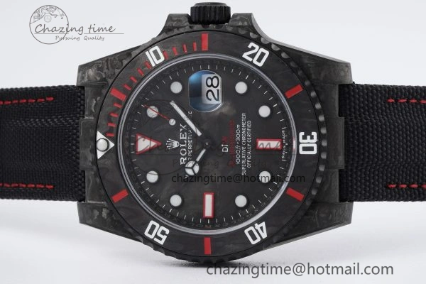 FashionForward Submariner DIW Carbon VSF 1:1 Best Edition Black Red Dial on Black Nylon Strap VS 2095