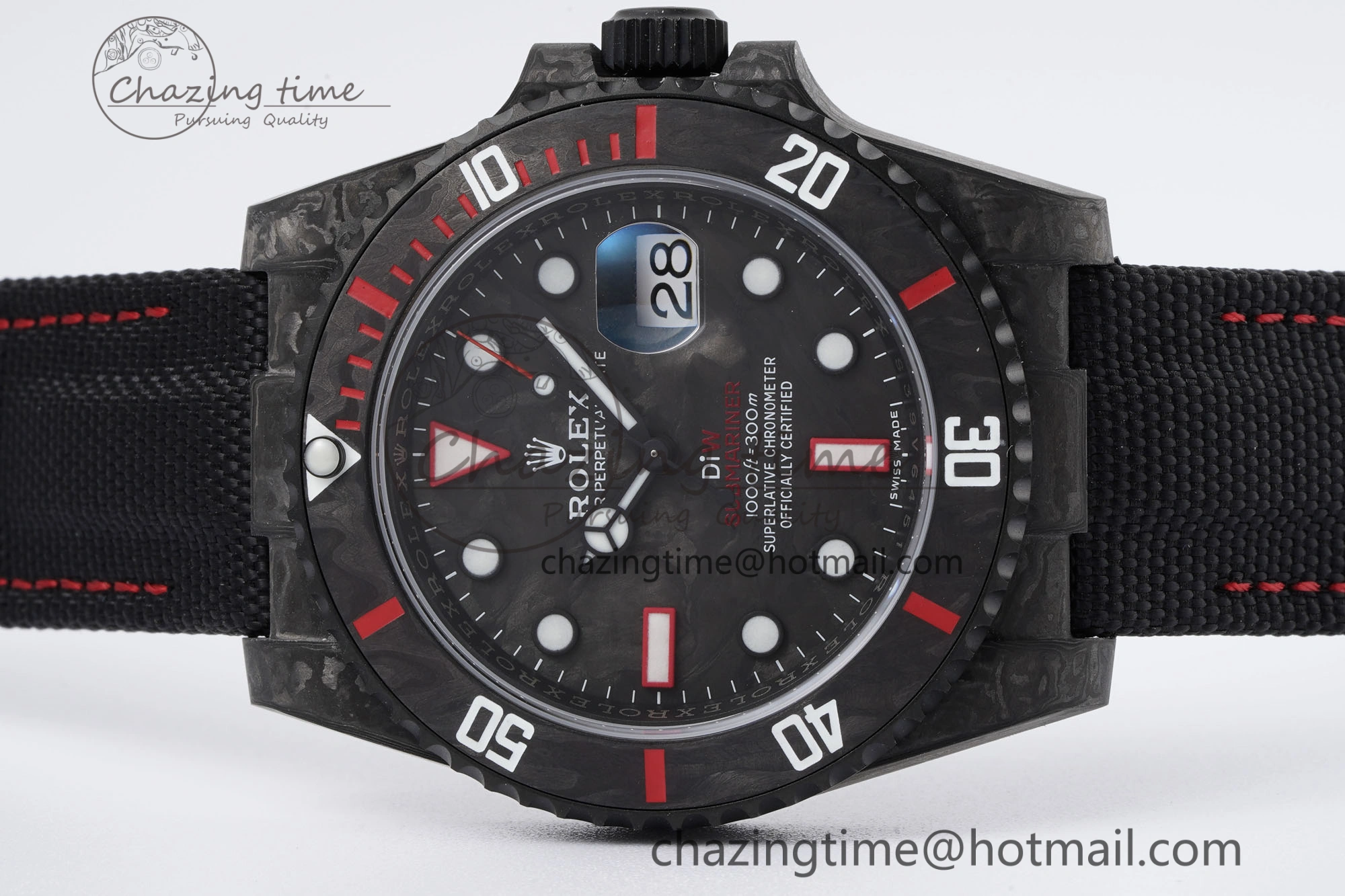 FashionForward Submariner DIW Carbon VSF 1:1 Best Edition Black Red Dial on Black Nylon Strap VS 2095