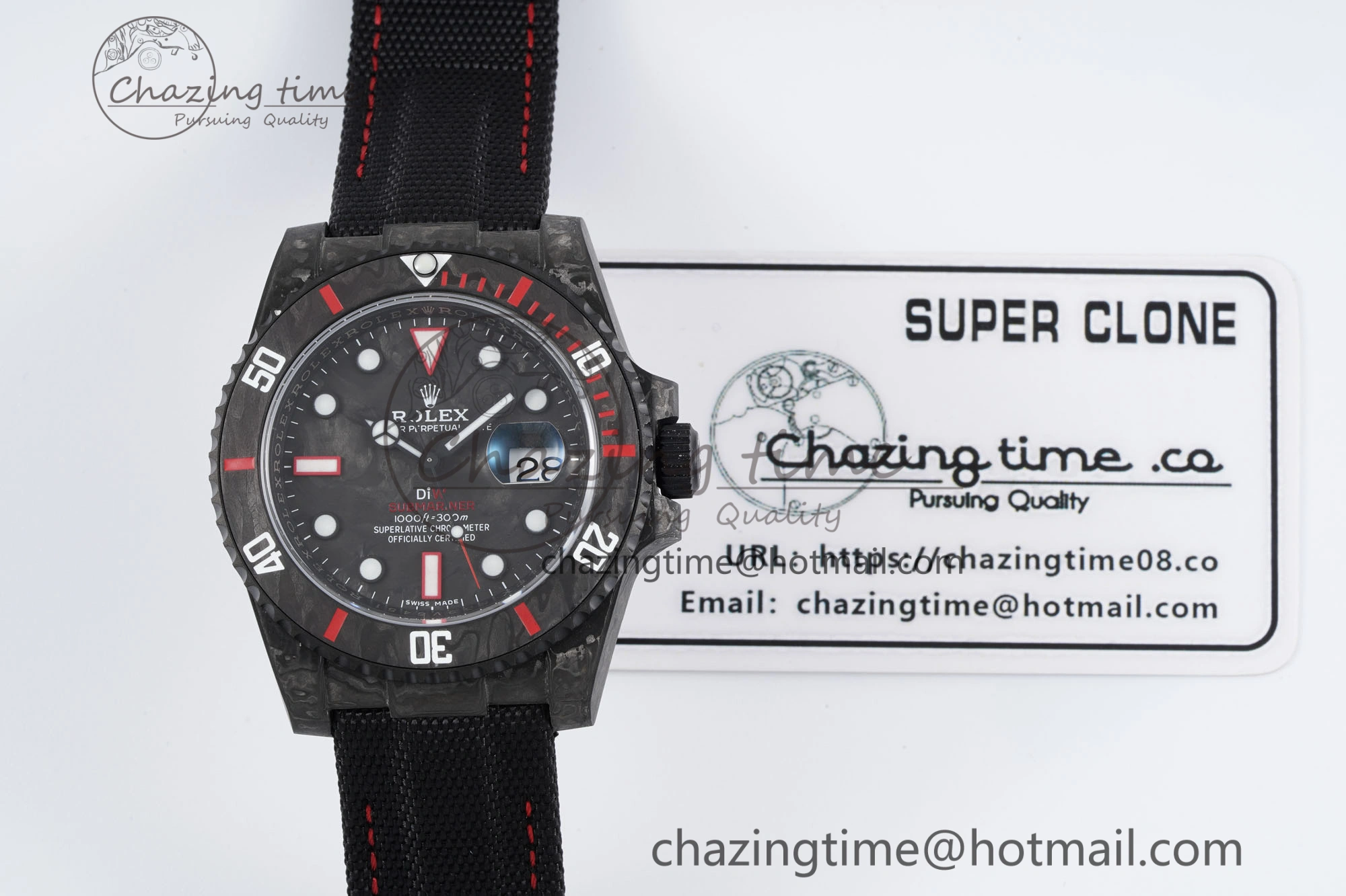 FashionForward Submariner DIW Carbon VSF 1:1 Best Edition Black Red Dial on Black Nylon Strap VS 2095