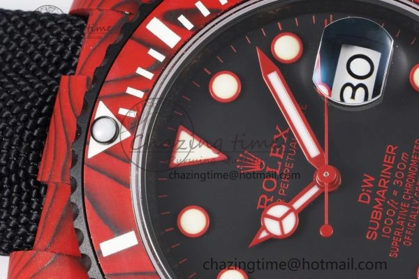 Submariner DIW Red Carbon VSF 1:1 Best Edition Black Dial on Black Nylon Strap VS TechFriendly 2069