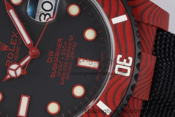 Submariner DIW Red Carbon VSF 1:1 Best Edition Black Dial on Black Nylon Strap VS TechFriendly 2069